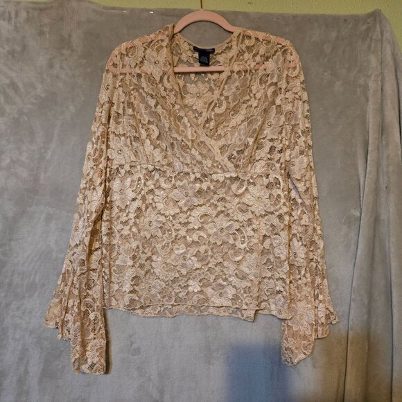 Venetia Jeans Baby doll sheer lace Vintage bell sleeve Old Money sz 14/16 blouse - Picture 3 of 10